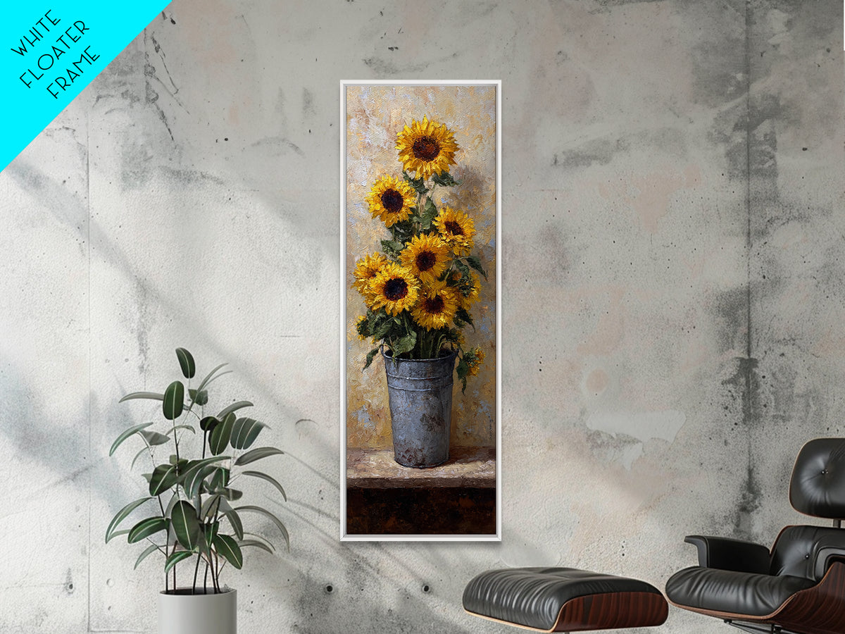 Sunflowers in a Galvanized Metal Bucket Framed Canvas Print, Farmhouse Art, Landscape Painting, Farmhouse Decor, Harvest, FAR-1x3-87