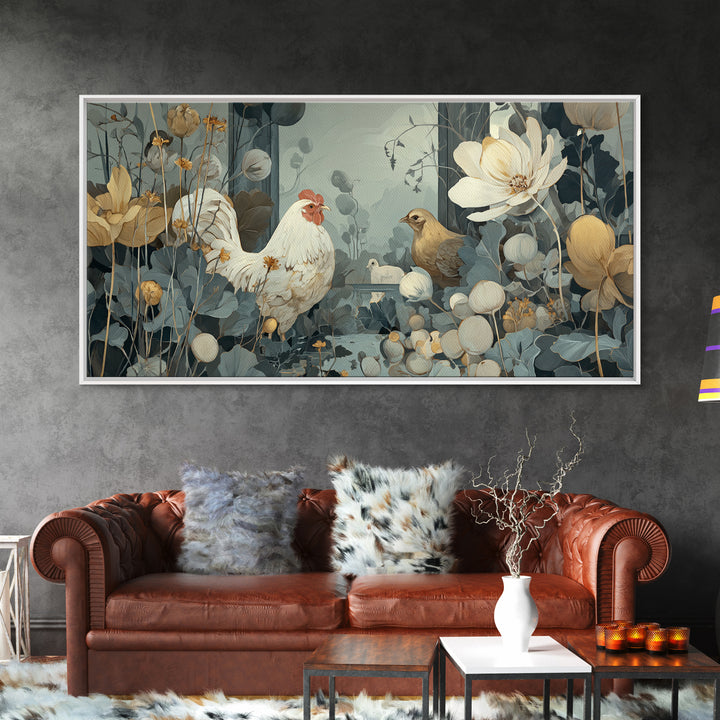 Chicken Family in a Garden Patch Framed Canvas Print, Farmhouse Art, Sage Green Wall Art, Farmhouse Decor, Fine Art, Harvest, FAR-2x1-11