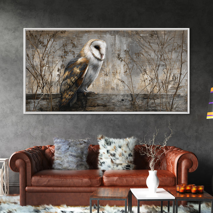 Barn Owl Perched on Aged Wood Framed Canvas Print, Farmhouse Art, Gallery Wall, Farmhouse Decor, Fine Art, Harvest, Art Print, FAR-2x1-19