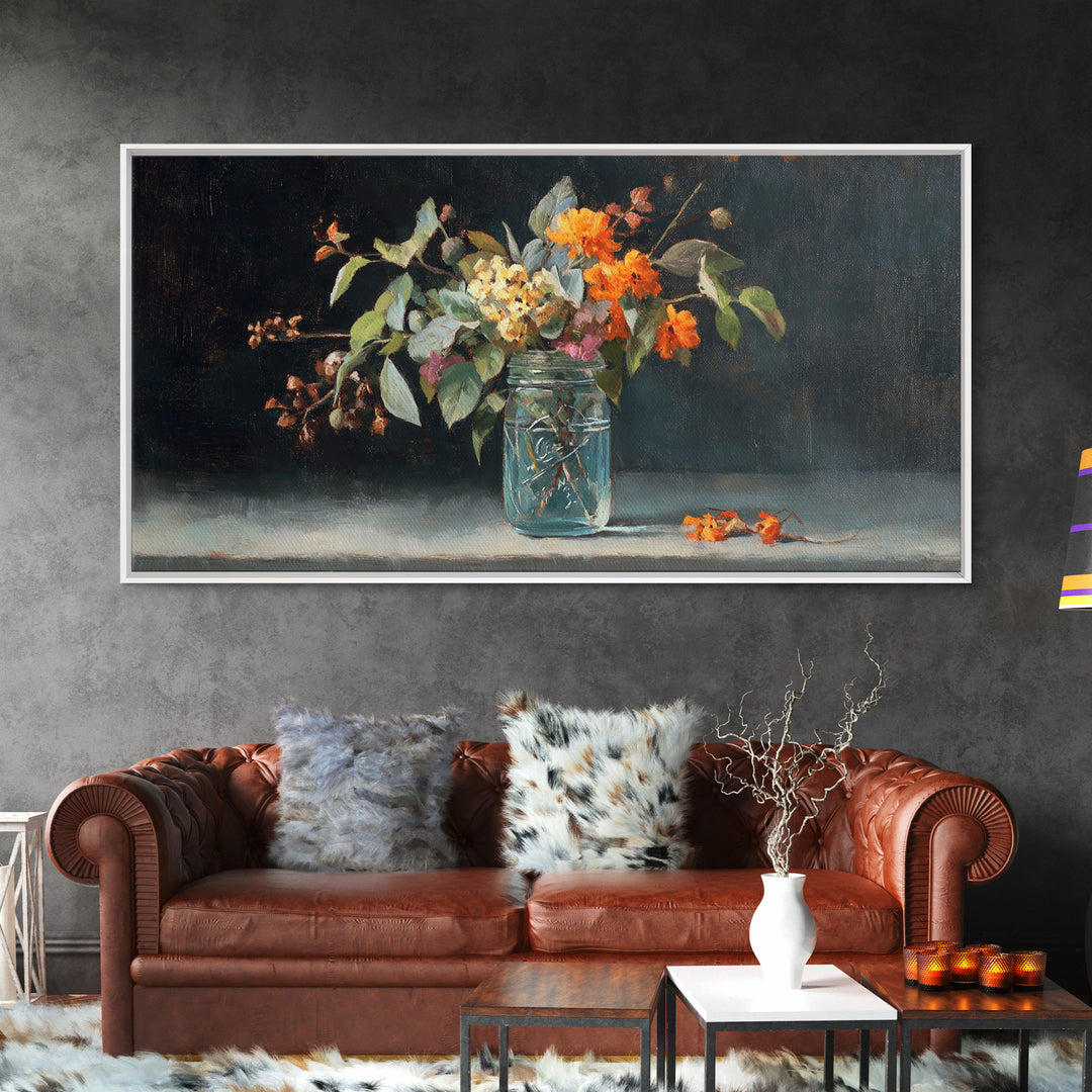 Wildflowers in a Mason Jar on Linen Framed Canvas Print, Farmhouse Art, Fine Art Print, Farmhouse Decor, Fine Art, Harvest, FAR-2x1-27