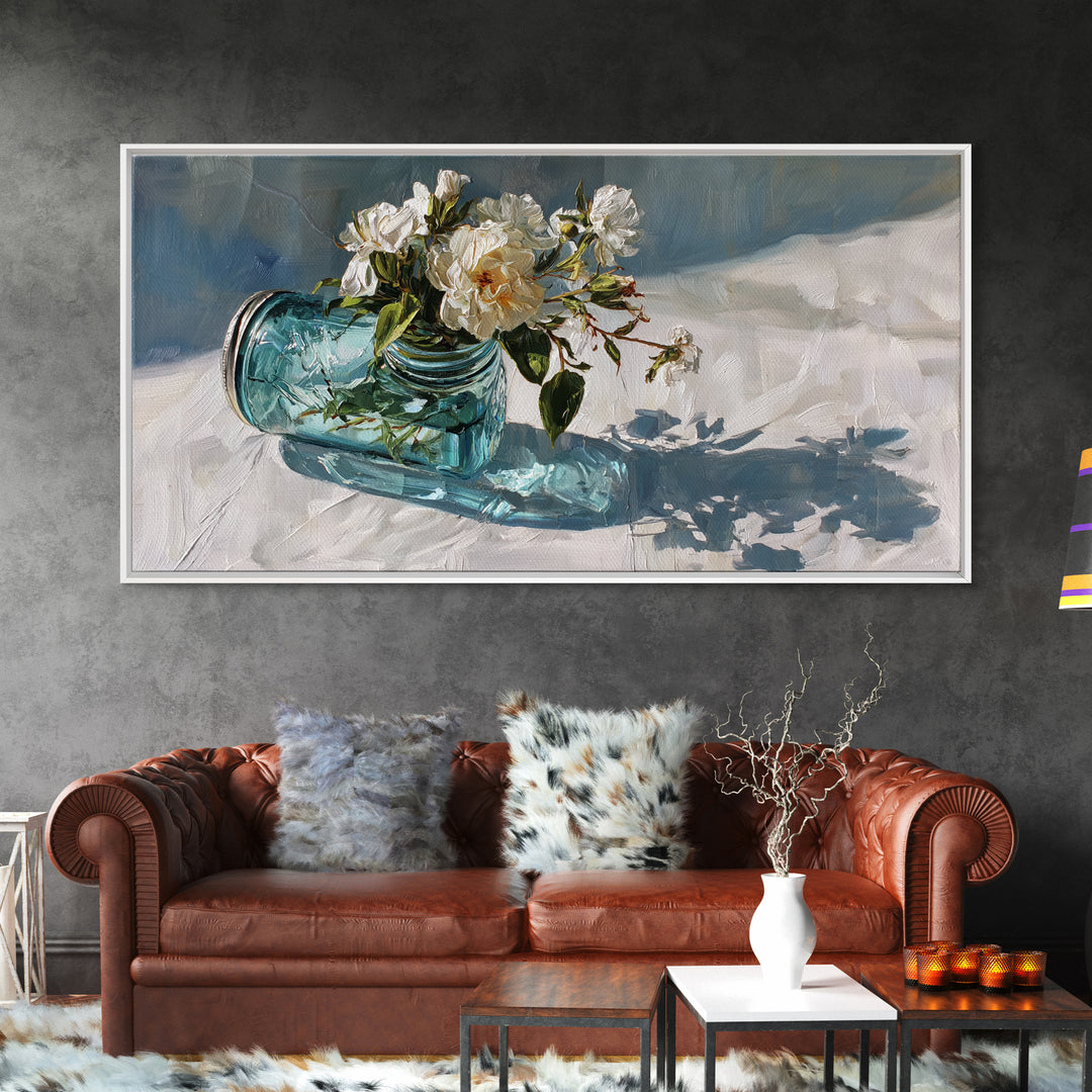Wildflowers in a Mason Jar on Linen Framed Canvas Print, Farmhouse Art, Digital Print, Farmhouse Decor, Oil Painting, Harvest, FAR-2x1-3