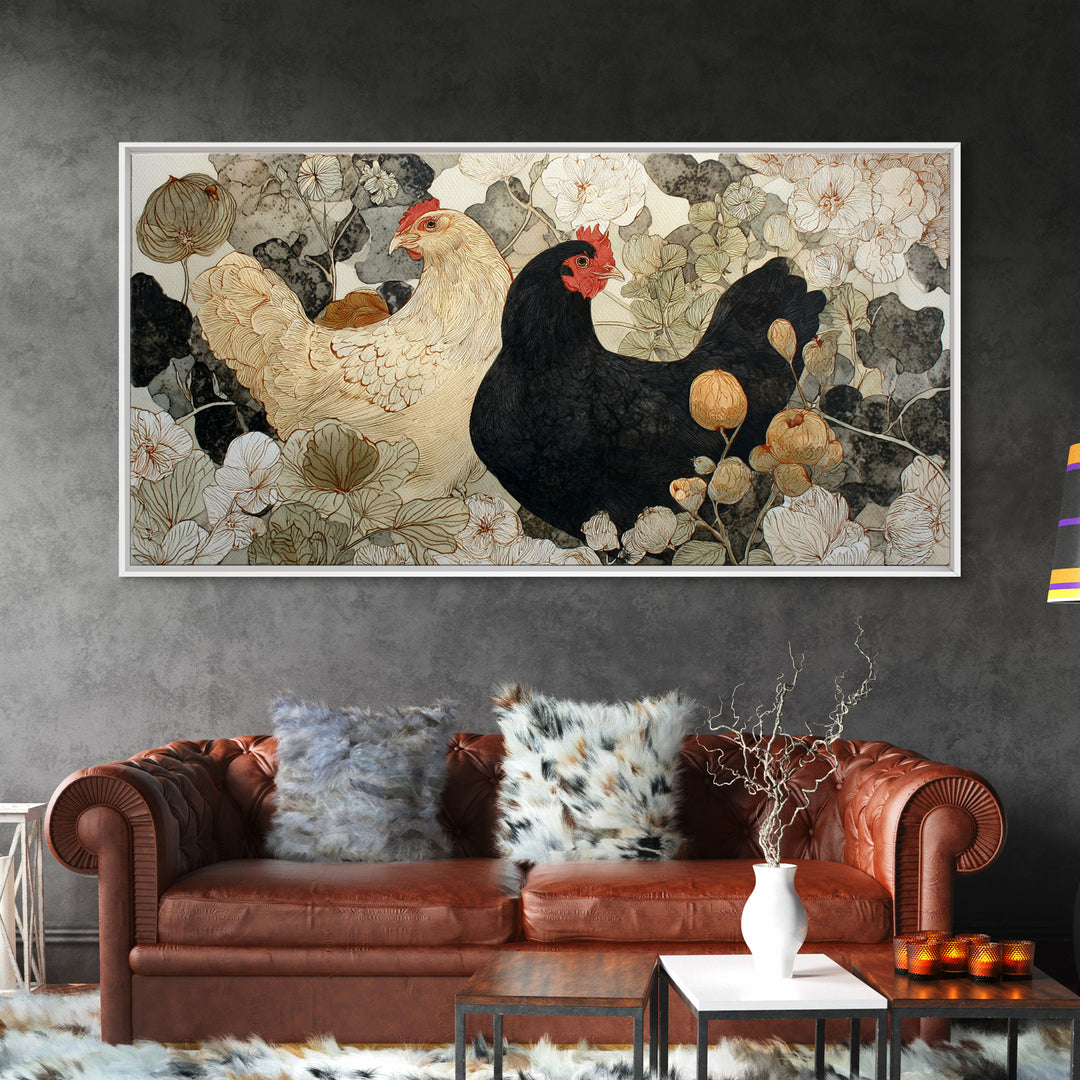 Chicken Family in a Garden Patch Framed Canvas Print, Farmhouse Art, Black Wall Art, Farmhouse Decor, Watercolor Art, Harvest, FAR-2x1-59