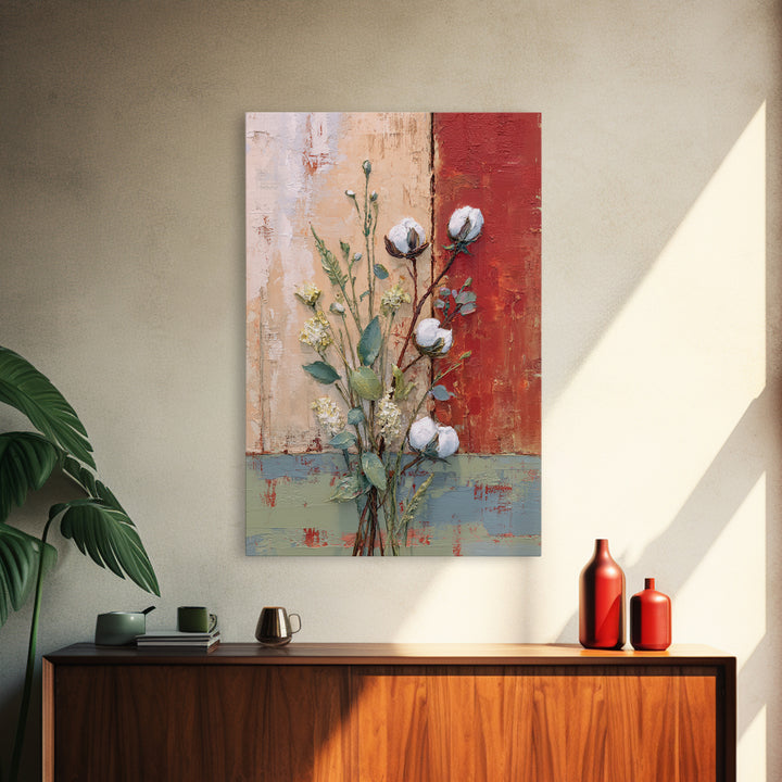 Farmhouse Wreath of Cotton Stems and Eucalyptus Framed Canvas Print, Farmhouse Art, Art Print, Farmhouse Decor, Harvest, FAR-2x3-100