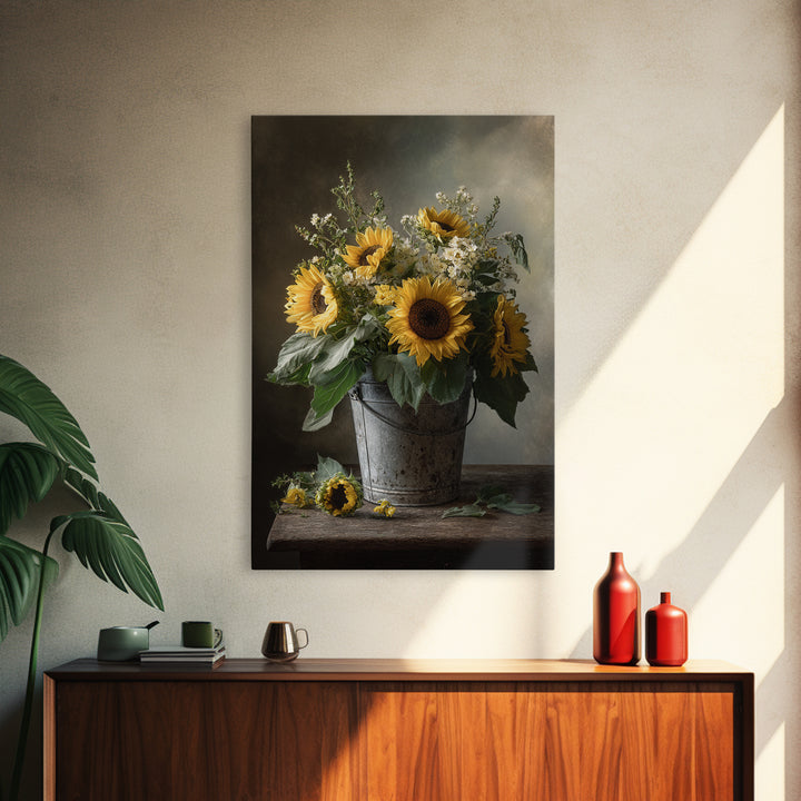 Sunflowers in a Galvanized Metal Bucket Canvas Print, Farmhouse Art, Botanical Art, Farmhouse Decor, Fine Art, Harvest, FAR-2x3-11