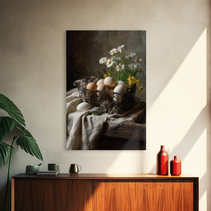 Fresh Eggs in a Wire Basket Canvas Print, Farmhouse Art, Art Print, Farmhouse Decor, Oil Painting, Harvest, Digital Art, FAR-2x3-14