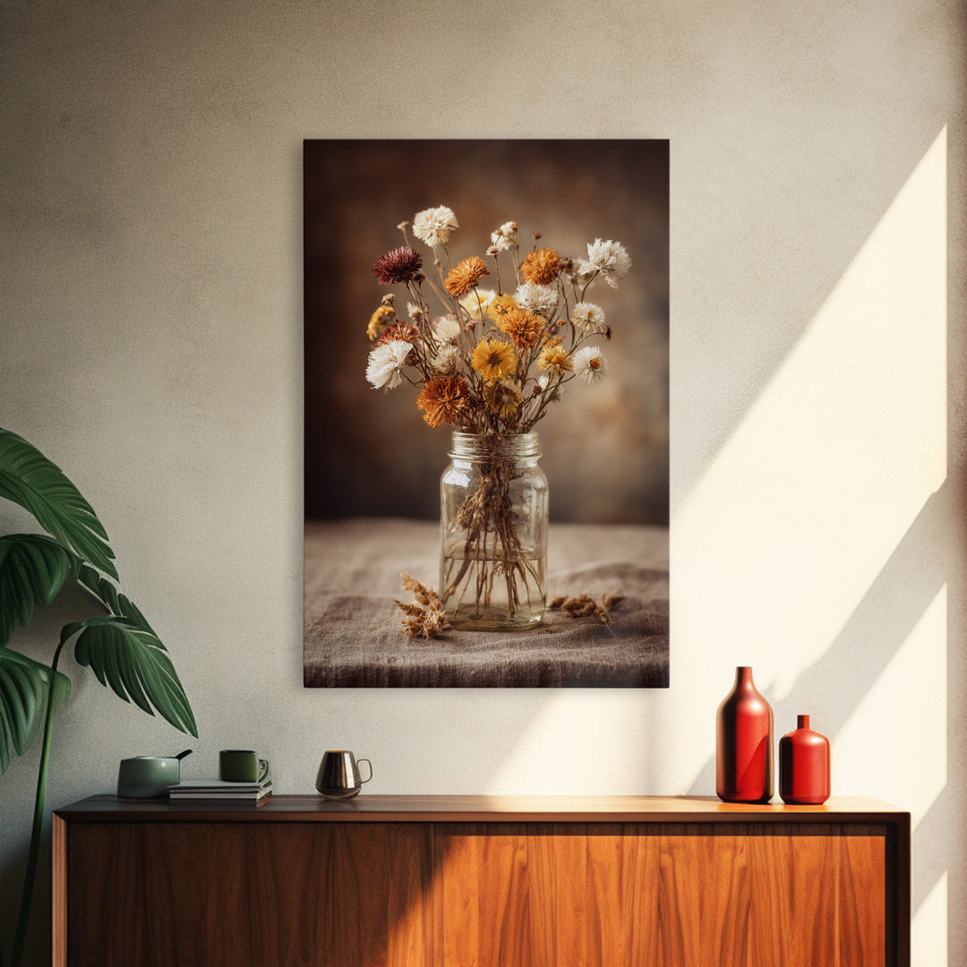 Wildflowers in a Mason Jar on Linen Canvas Print, Farmhouse Art, Gallery Decor, Farmhouse Decor, Oil Painting, Harvest, FAR-2x3-15