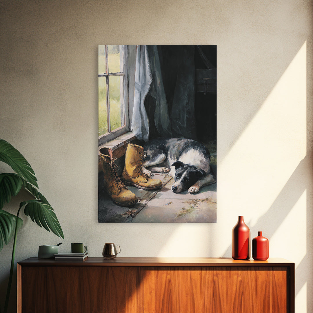 Farm Dog Lying Beside Weathered Boots Framed Canvas Print, Farmhouse Art, Wall Decor, Farmhouse Decor, Abstract Art, Harvest, FAR-2x3-17