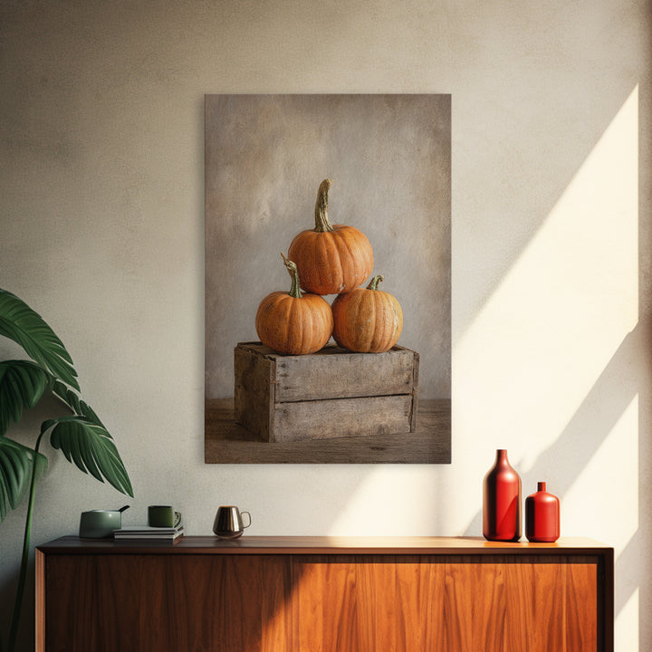 Pumpkins Stacked on a Wooden Crate Framed Canvas Print, Farmhouse Art, Contemporary Art, Farmhouse Decor, Oil Painting, Harvest, FAR-2x3-21
