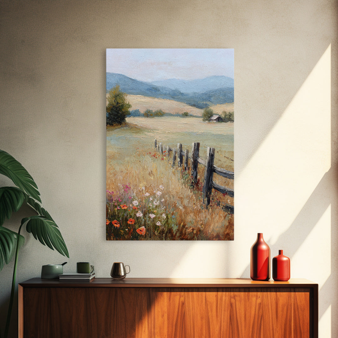 Country Landscape with Fence and Rolling Hills Framed Canvas Print, Farmhouse Art, Textured Painting, Farmhouse Decor, Harvest, FAR-2x3-22