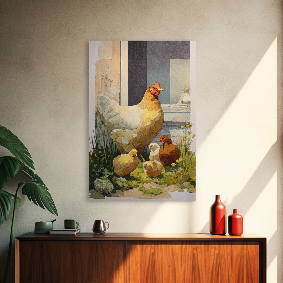 Chicken Family in a Garden Patch Canvas Print, Farmhouse Art, Art Print, Farmhouse Decor, Fine Art, Harvest, Digital Art, FAR-2x3-23