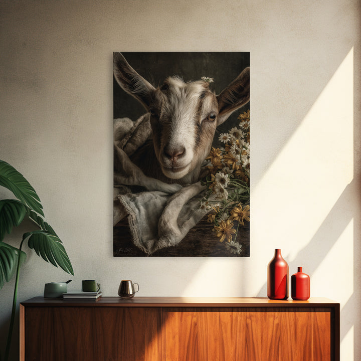 Goat Portrait with Playful Expression Framed Canvas Print, Farmhouse Art, Boho Decor, Farmhouse Decor, Fine Art, Harvest, FAR-2x3-26