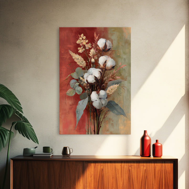 Farmhouse Wreath of Cotton Stems and Eucalyptus Framed Canvas Print, Farmhouse Art, Farmhouse Decor, Fine Art, Harvest, FAR-2x3-28