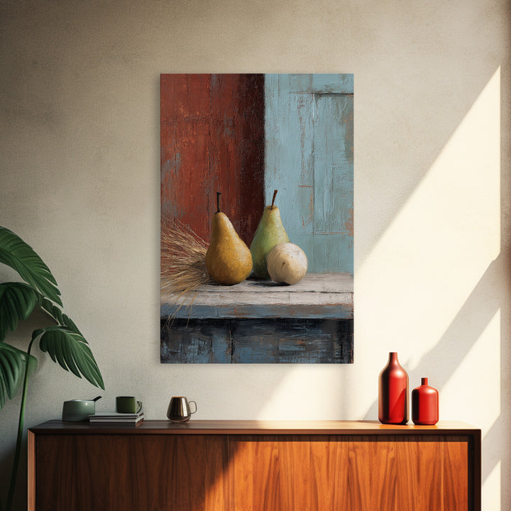 Rustic Pear Still Life on Plank Wood Framed Canvas Print, Farmhouse Art, Landscape Art, Farmhouse Decor, Fine Art, Harvest, FAR-2x3-3