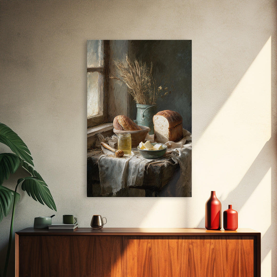 Fresh Bread Honey and Butter Still Life Canvas Print, Farmhouse Art, Gallery Wall, Farmhouse Decor, Fine Art, Harvest, FAR-2x3-32