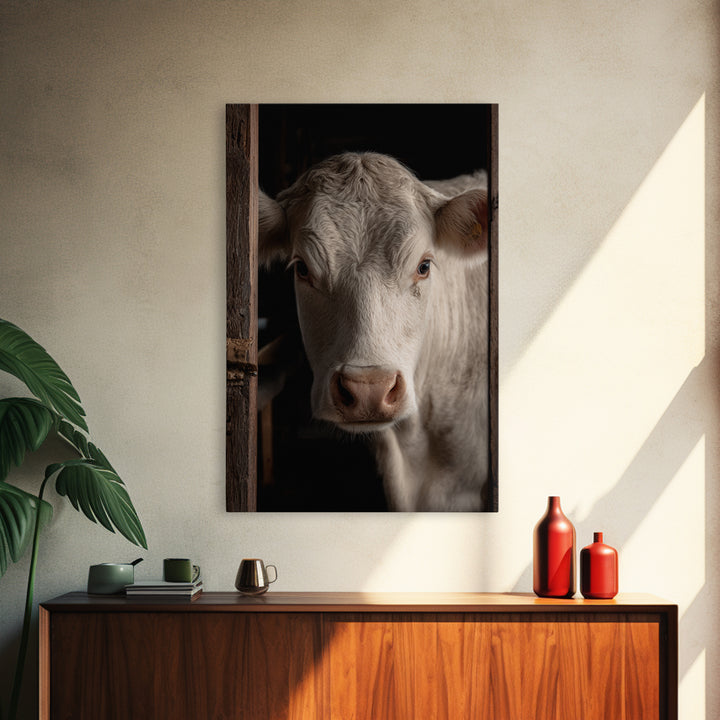 White Cow Portrait Framed Canvas Print, Farmhouse Art, Printable Wall Art, Farmhouse Decor, Fine Art, Harvest, Black Wall Art, FAR-2x3-33
