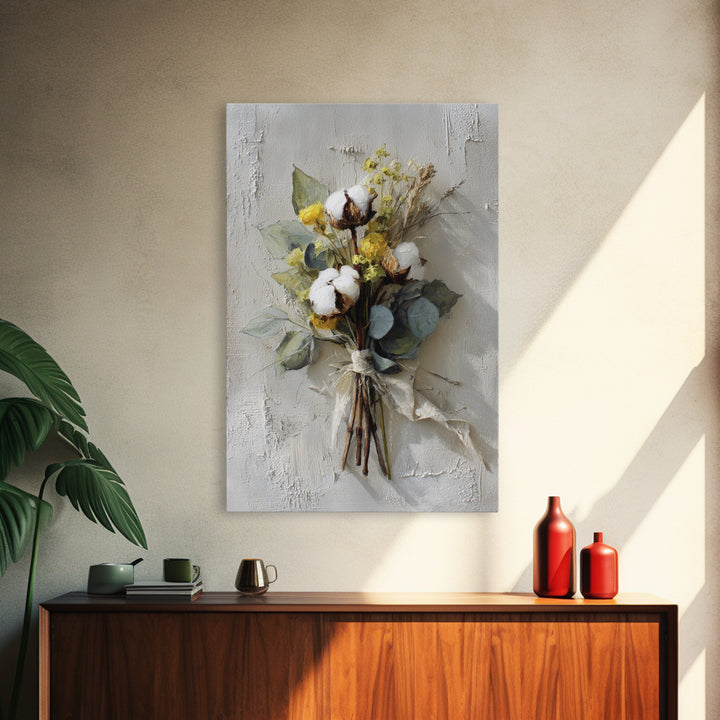 Farmhouse Wreath of Cotton Stems and Eucalyptus Canvas Print, Farmhouse Art, Statement Artwork, Farmhouse Decor, Harvest, FAR-2x3-4