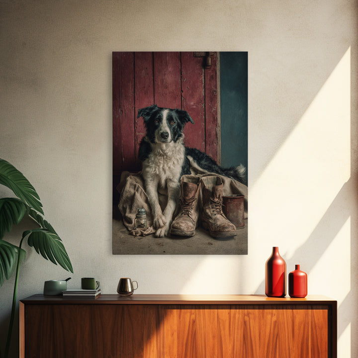 Farm Dog Lying Beside Weathered Boots Framed Canvas Print, Farmhouse Art, Wall Decor, Farmhouse Decor, Abstract Art, Harvest, FAR-2x3-41