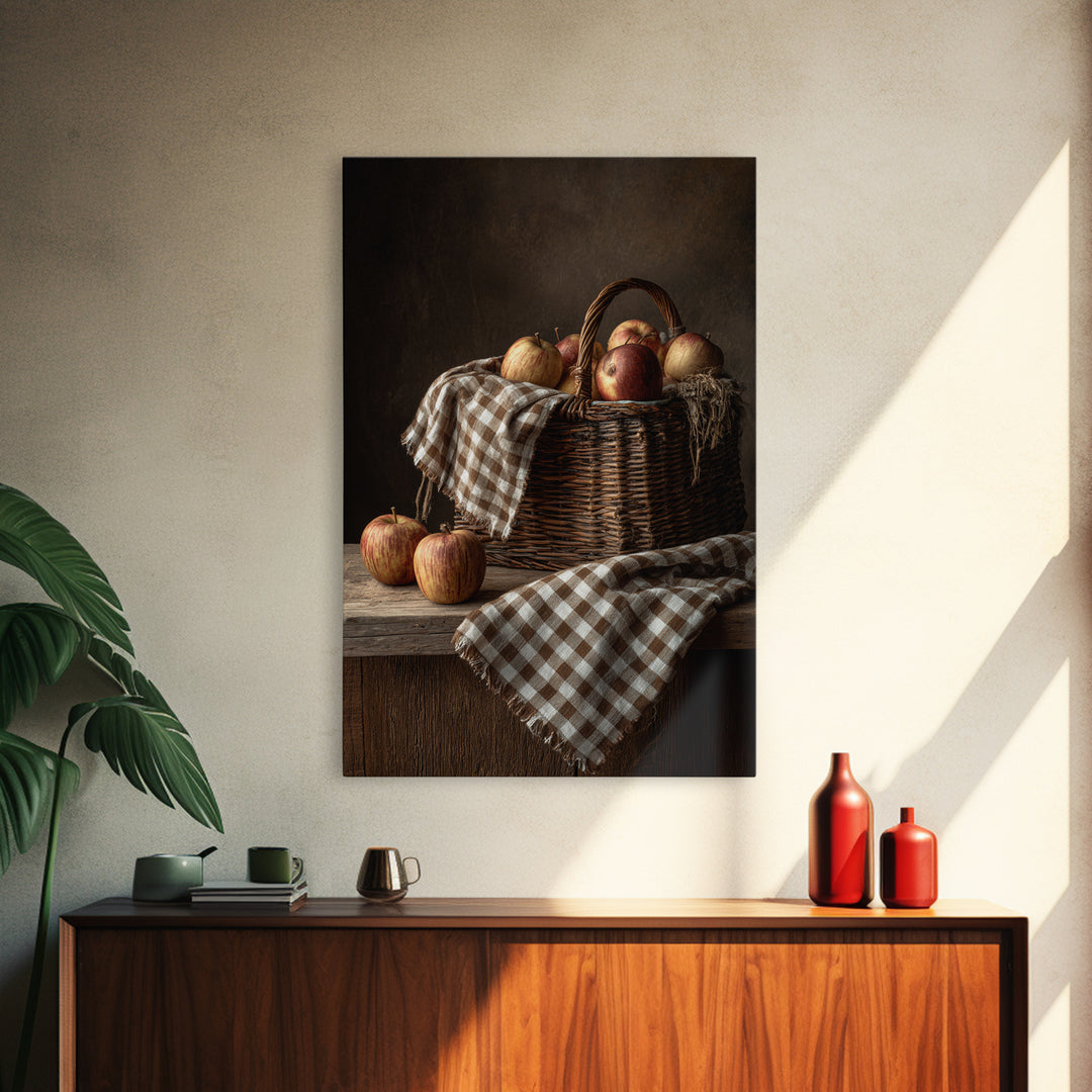 Apple Basket with Gingham Cloth Framed Canvas Print, Farmhouse Art, Contemporary Art, Farmhouse Decor, Fine Art, Harvest, FAR-2x3-43