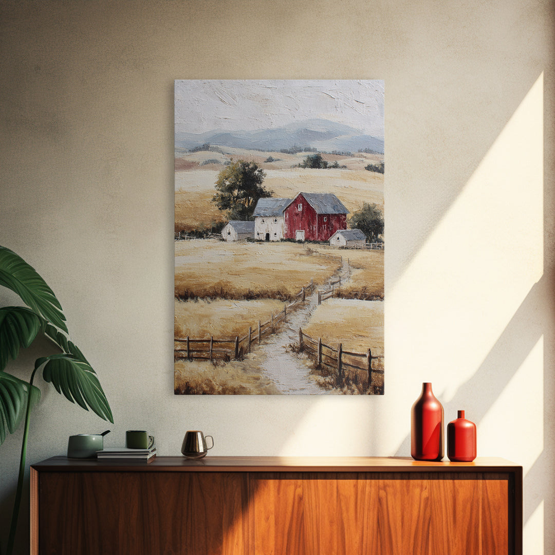 Country Landscape with Fence and Rolling Hills Framed Canvas Print, Farmhouse Art, Textured Painting, Farmhouse Decor, Harvest, FAR-2x3-46
