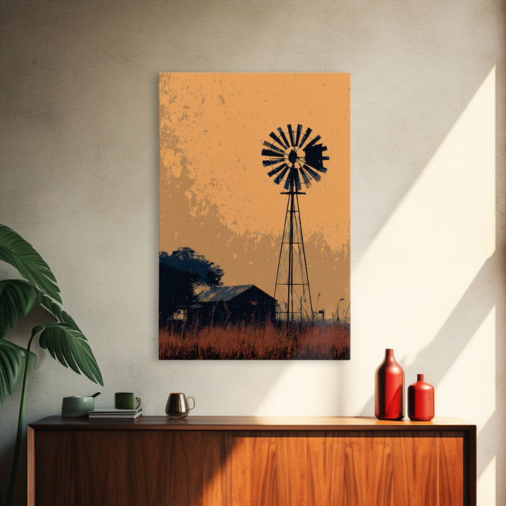 Windmill Silhouette at Sunset Canvas Print, Farmhouse Art, Art Prints, Farmhouse Decor, Fine Art, Harvest, Sage Green Wall Art, FAR-2x3-49
