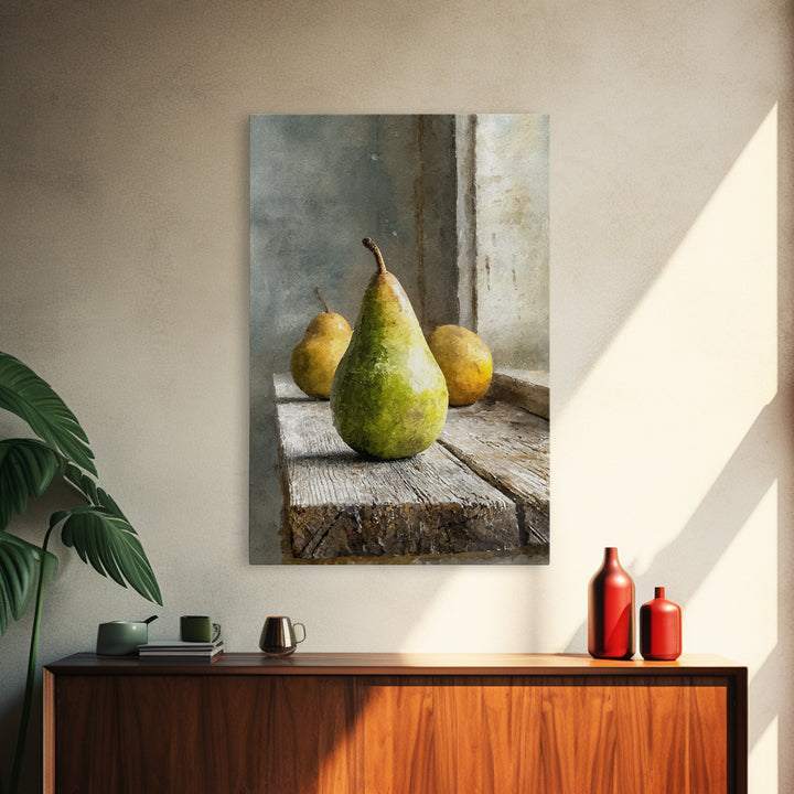 Rustic Pear Still Life on Plank Wood Framed Canvas Print, Farmhouse Art, Room Decor, Farmhouse Decor, Oil Painting, Harvest, FAR-2x3-51