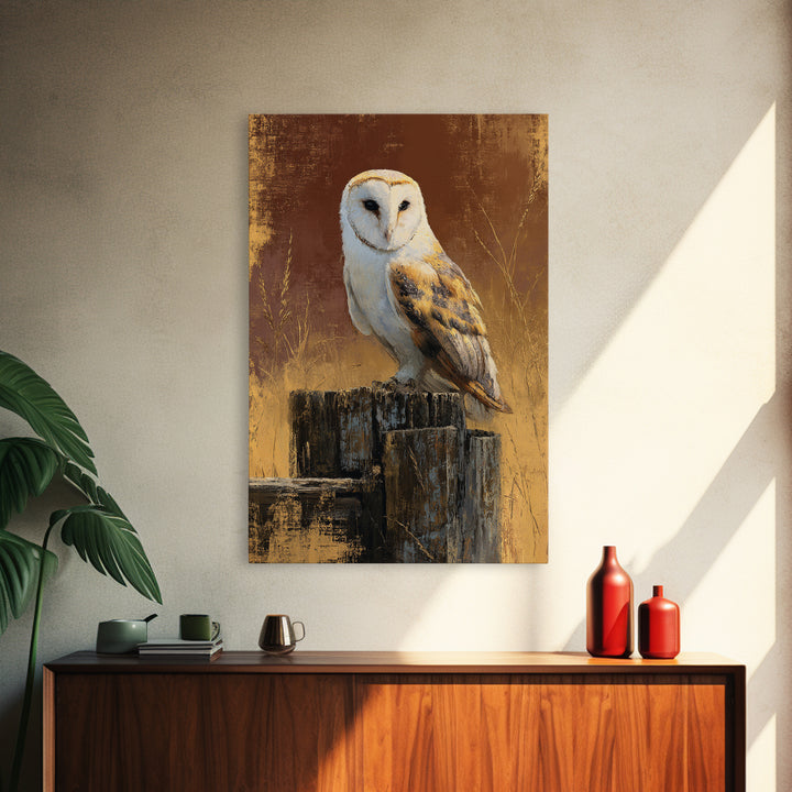 Barn Owl Perched on Aged Wood Framed Canvas Print, Farmhouse Art, Textured Painting, Farmhouse Decor, Fine Art, Harvest, FAR-2x3-55
