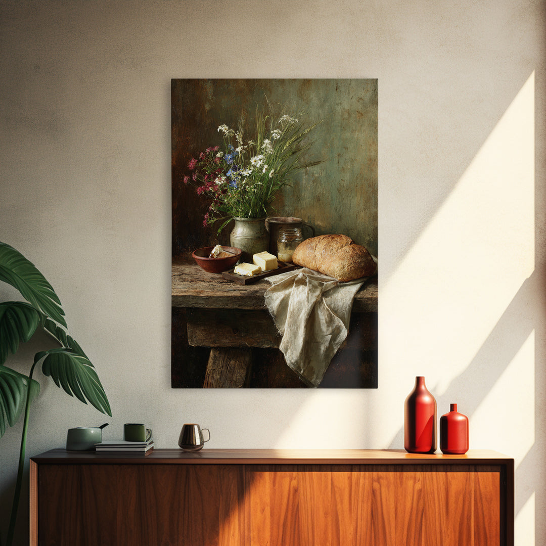 Fresh Bread Honey and Butter Still Life Framed Canvas Print, Farmhouse Art, Neutral Decor, Farmhouse Decor, Abstract Art, FAR-2x3-56