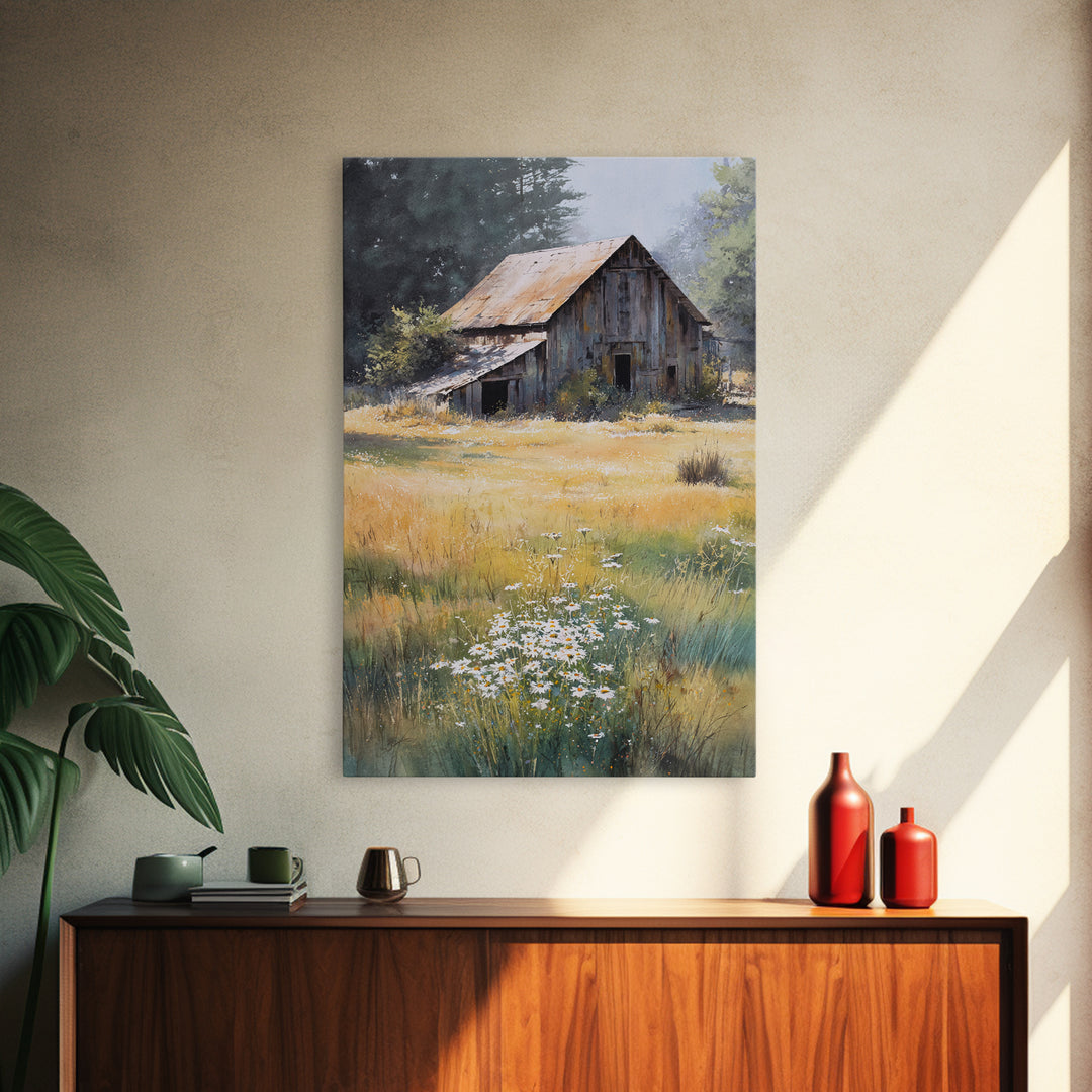Rustic Barn in Golden Field Light Canvas Print, Farmhouse Art, Digital Prints, Farmhouse Decor, Harvest, Watercolor Painting, FAR-2x3-58