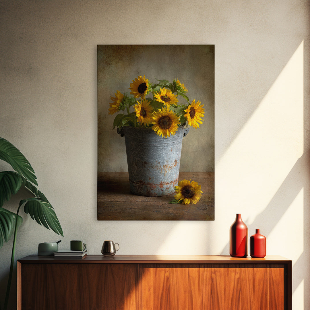 Sunflowers in a Galvanized Metal Bucket Framed Canvas Print, Farmhouse Art, Art, Farmhouse Decor, Watercolor Art, Harvest, FAR-2x3-59