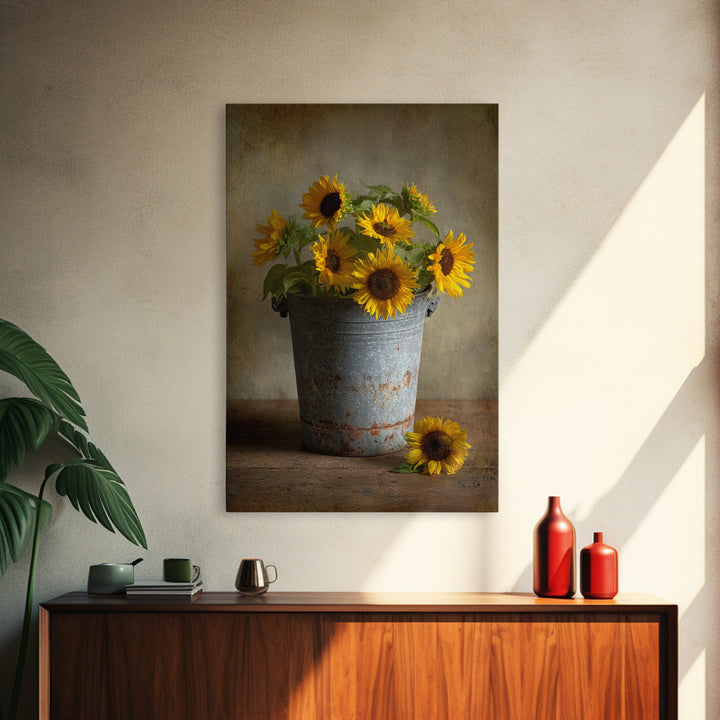 Sunflowers in a Galvanized Metal Bucket Framed Canvas Print, Farmhouse Art, Art, Farmhouse Decor, Watercolor Art, Harvest, FAR-2x3-59