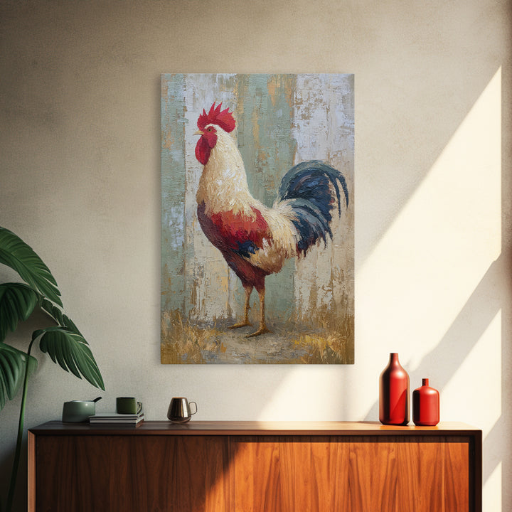 Rooster Painted in Cheerful Folk Colors Framed Canvas Print, Farmhouse Art, Wall Art, Farmhouse Decor, Fine Art, Harvest, FAR-2x3-60