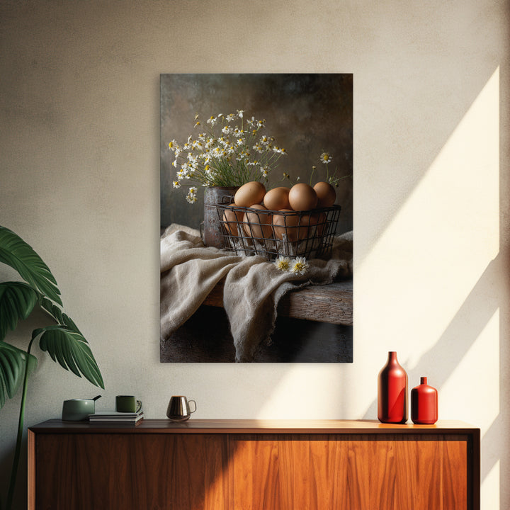Fresh Eggs in a Wire Basket Canvas Print, Farmhouse Art, Farmhouse Decor, Abstract Art, Harvest, Sage Green Wall Art, FAR-2x3-62