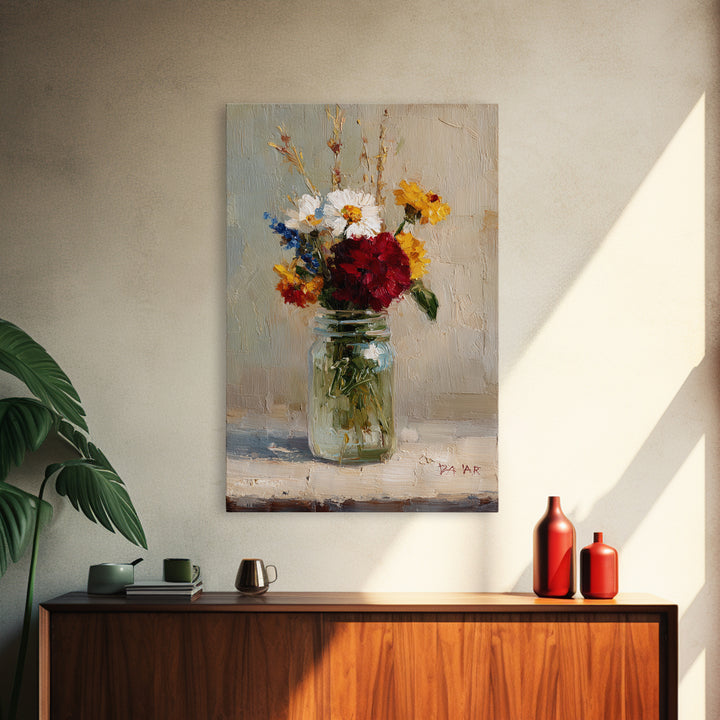 Wildflowers in a Mason Jar on Linen Framed Canvas Print, Farmhouse Art, Wall Decor, Farmhouse Decor, Fine Art, Harvest, FAR-2x3-63