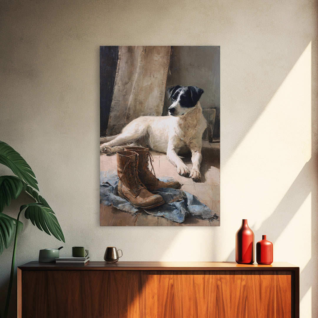 Farm Dog Lying Beside Weathered Boots Canvas Print, Farmhouse Art, Digital Wall Art, Farmhouse Decor, Fine Art, Harvest, FAR-2x3-65