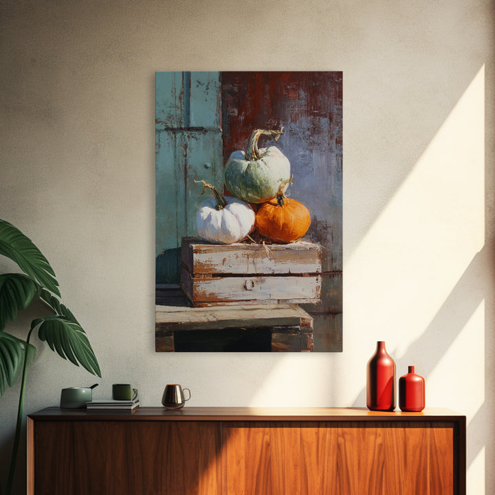 Pumpkins Stacked on a Wooden Crate Framed Canvas Print, Farmhouse Art, Digital Print, Farmhouse Decor, Fine Art, Harvest, FAR-2x3-69