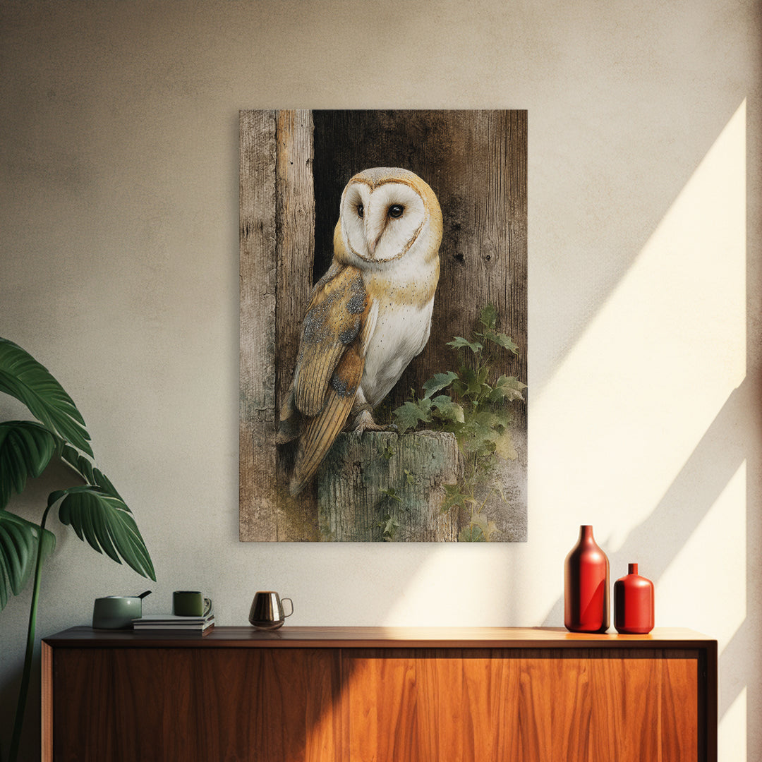 Barn Owl Perched on Aged Wood Canvas Print, Farmhouse Art, Floral Wall Art, Farmhouse Decor, Fine Art, Harvest, Boho Decor, FAR-2x3-7