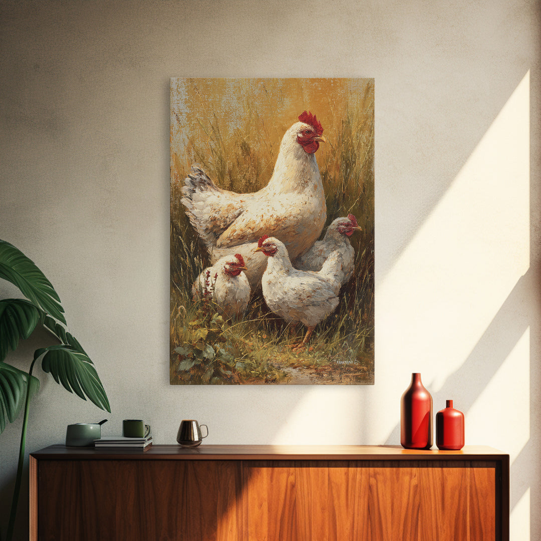 Chicken Family in a Garden Patch Canvas Print, Farmhouse Art, Farmhouse Decor, Oil Painting, Harvest, Sage Green Wall Art, FAR-2x3-71