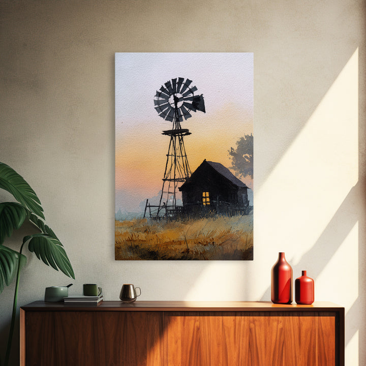 Windmill Silhouette at Sunset Framed Canvas Print, Farmhouse Art, Printable Art, Farmhouse Decor, Harvest, Landscape Painting, FAR-2x3-73