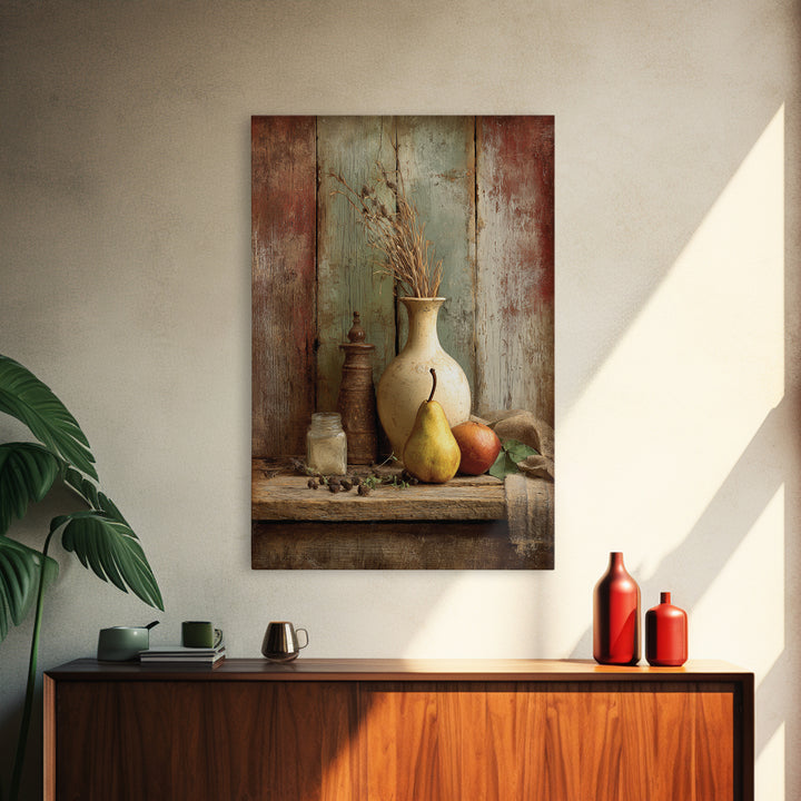 Rustic Pear Still Life on Plank Wood Framed Canvas Print, Farmhouse Art, Digital Art, Farmhouse Decor, Fine Art, Harvest, FAR-2x3-75