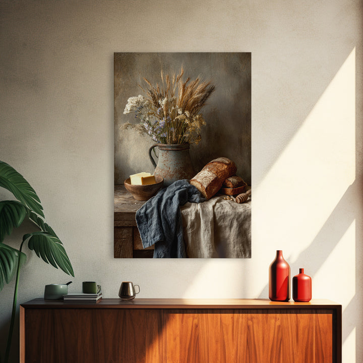 Fresh Bread Honey and Butter Still Life Framed Canvas Print, Farmhouse Art, Black Wall Art, Farmhouse Decor, Oil Painting, FAR-2x3-8