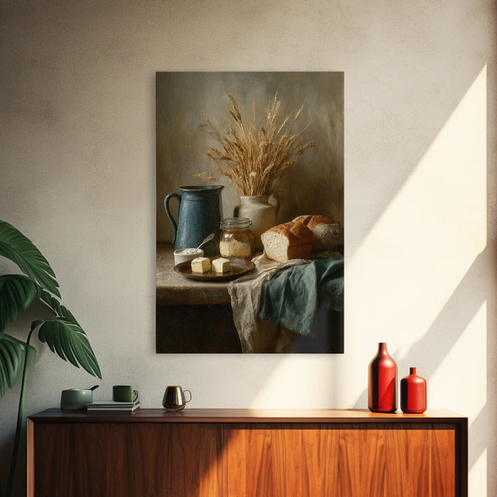 Fresh Bread Honey and Butter Still Life Framed Canvas Print, Farmhouse Art, Farmhouse Decor, Watercolor Art, Harvest, FAR-2x3-80