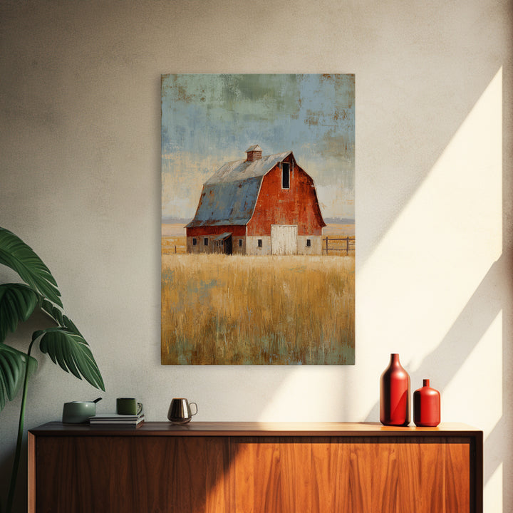Rustic Barn in Golden Field Light Canvas Print, Farmhouse Art, Digital Prints, Farmhouse Decor, Harvest, Watercolor Painting, FAR-2x3-82