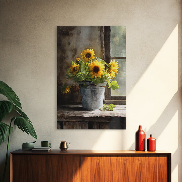 Sunflowers in a Galvanized Metal Bucket Framed Canvas Print, Farmhouse Art, Living Room Decor, Farmhouse Decor, Harvest, FAR-2x3-83