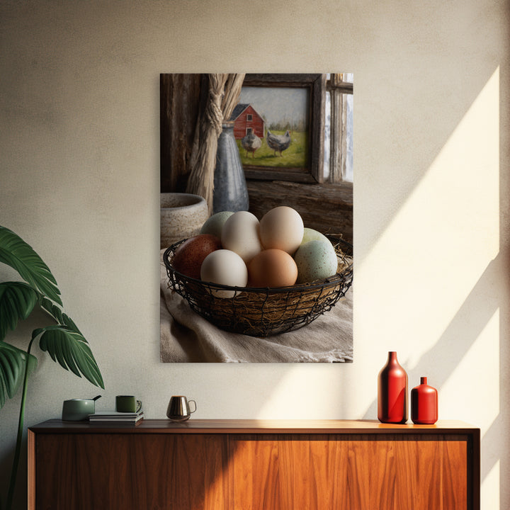 Fresh Eggs in a Wire Basket Canvas Print, Farmhouse Art, Farmhouse Decor, Abstract Art, Harvest, Sage Green Wall Art, FAR-2x3-86