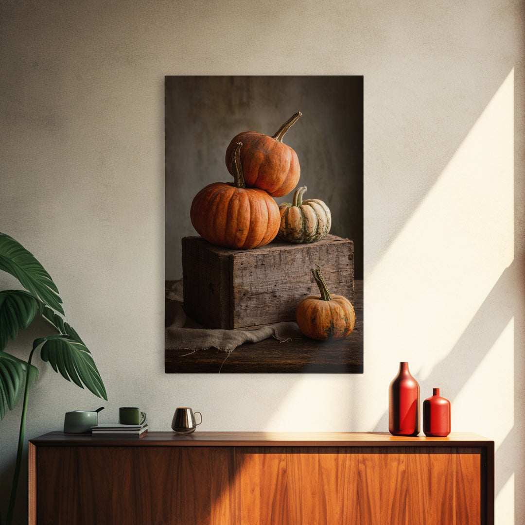 Pumpkins Stacked on a Wooden Crate Framed Canvas Print, Farmhouse Art, Digital Print, Farmhouse Decor, Fine Art, Harvest, FAR-2x3-93