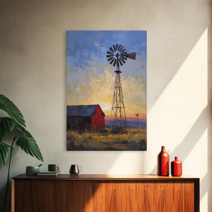 Windmill Silhouette at Sunset Framed Canvas Print, Farmhouse Art, Printable Art, Farmhouse Decor, Harvest, Landscape Painting, FAR-2x3-97