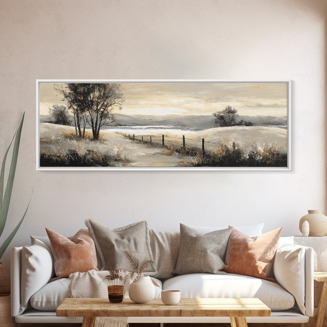 Rustic Barn in Golden Field Light Framed Canvas Print, Farmhouse Art, Oil Painting, Farmhouse Decor, Fine Art, Harvest, FAR-3x1-18