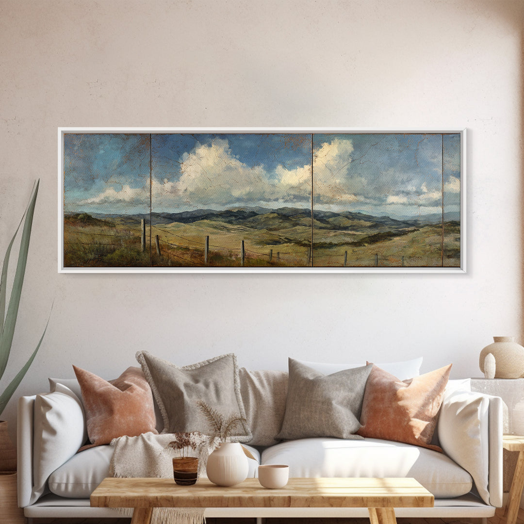 Country Landscape with Fence and Rolling Hills Canvas Print, Farmhouse Art, Wall Art, Farmhouse Decor, Fine Art, Harvest, FAR-3x1-30