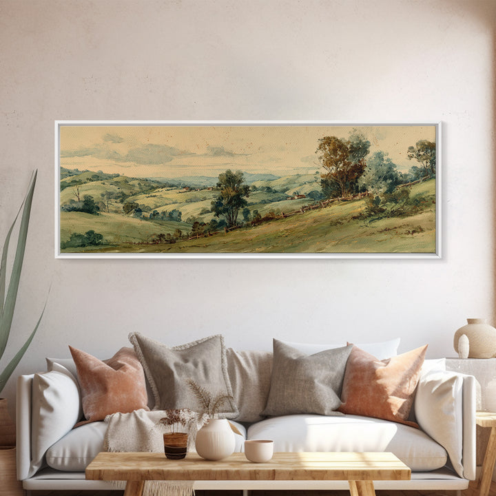 Country Landscape with Fence and Rolling Hills Canvas Print, Farmhouse Art, Farmhouse Wall Decor, Farmhouse Decor, Harvest, FAR-3x1-6