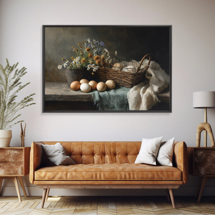 Fresh Eggs in a Wire Basket Framed Canvas Print, Farmhouse Art, Printable Art, Farmhouse Decor, Harvest, Landscape Painting, FAR-3x2-10